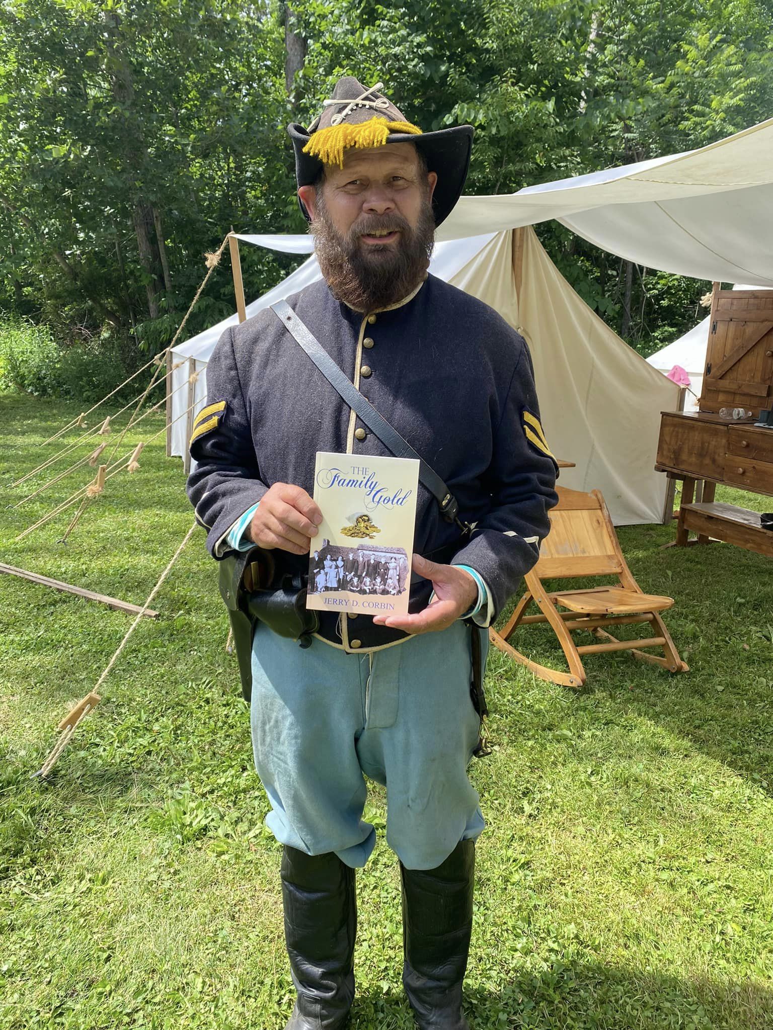 Civil War reenactor holding The Family Gold